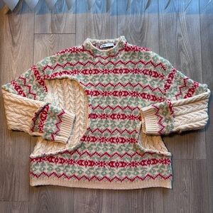 Zara Cream Sweater with Red and Sage Fair Isle Pattern